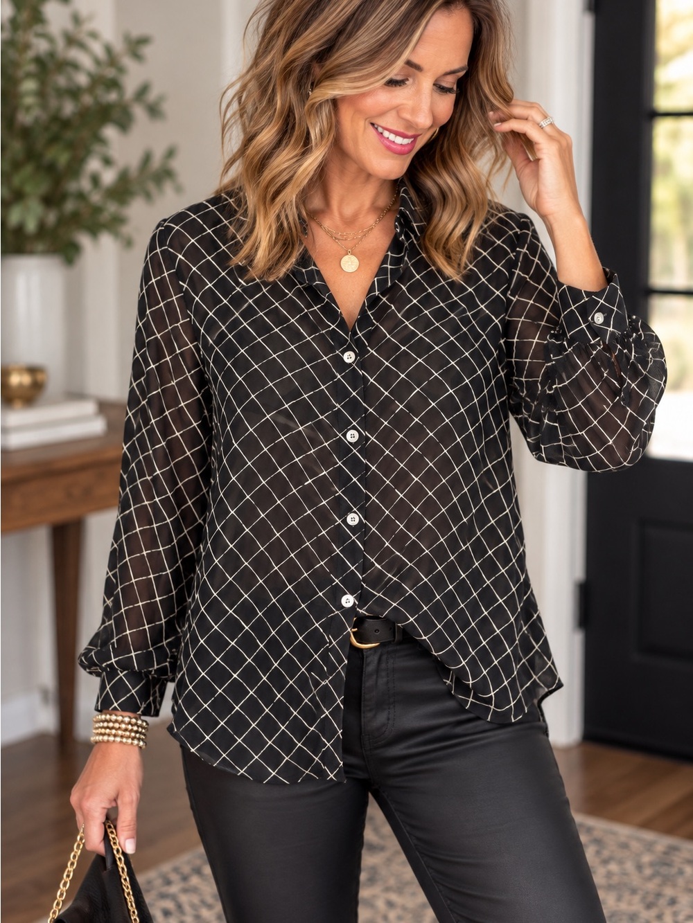 New York & Company Black Sheer Button-Up with Cream Grid